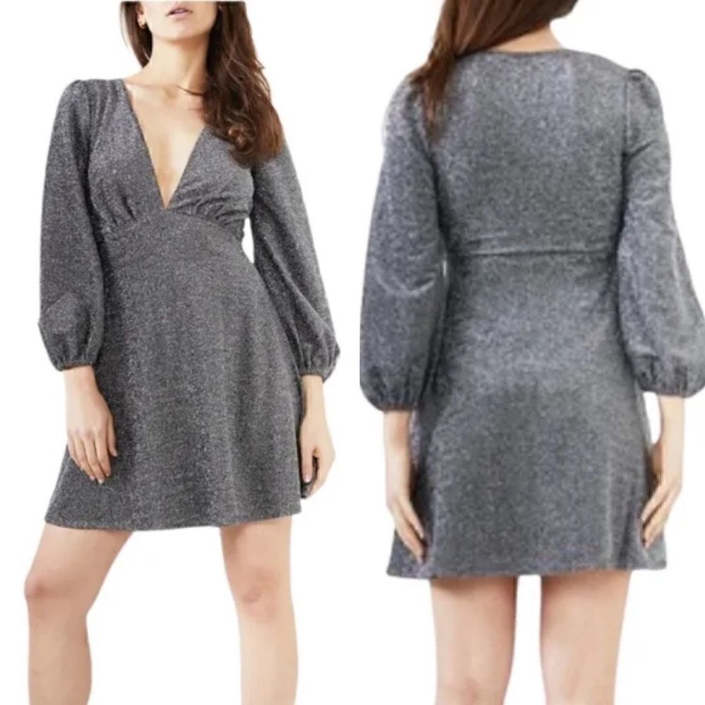 Bardot Marlena Silver Metallic Shimmer Long Balloon Sleeve Short Dress size 6